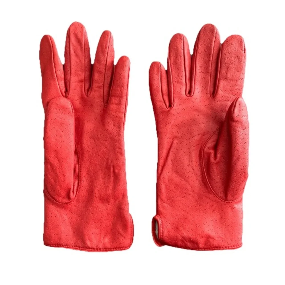 Vintage Red Perforated Leather Gloves Lined Women's Fall Winter M/ 7